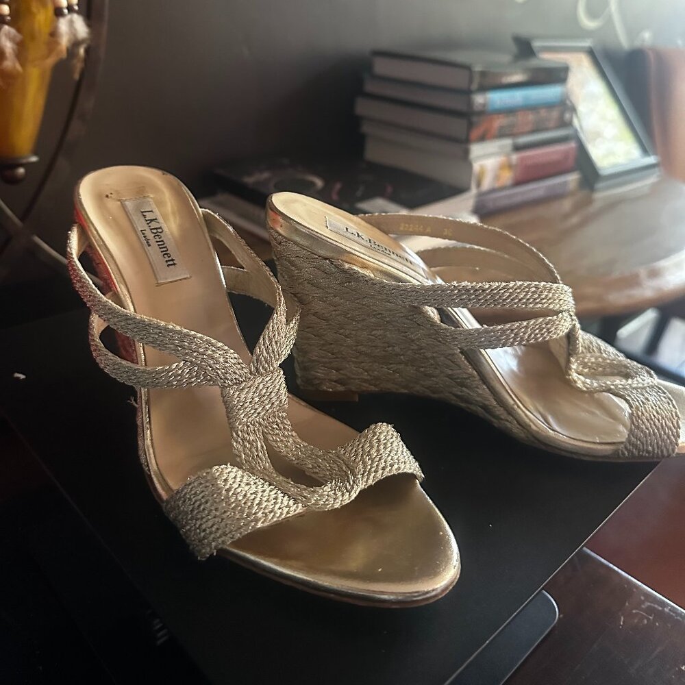 L.K. Bennett Gold Rope Wedge Sandals